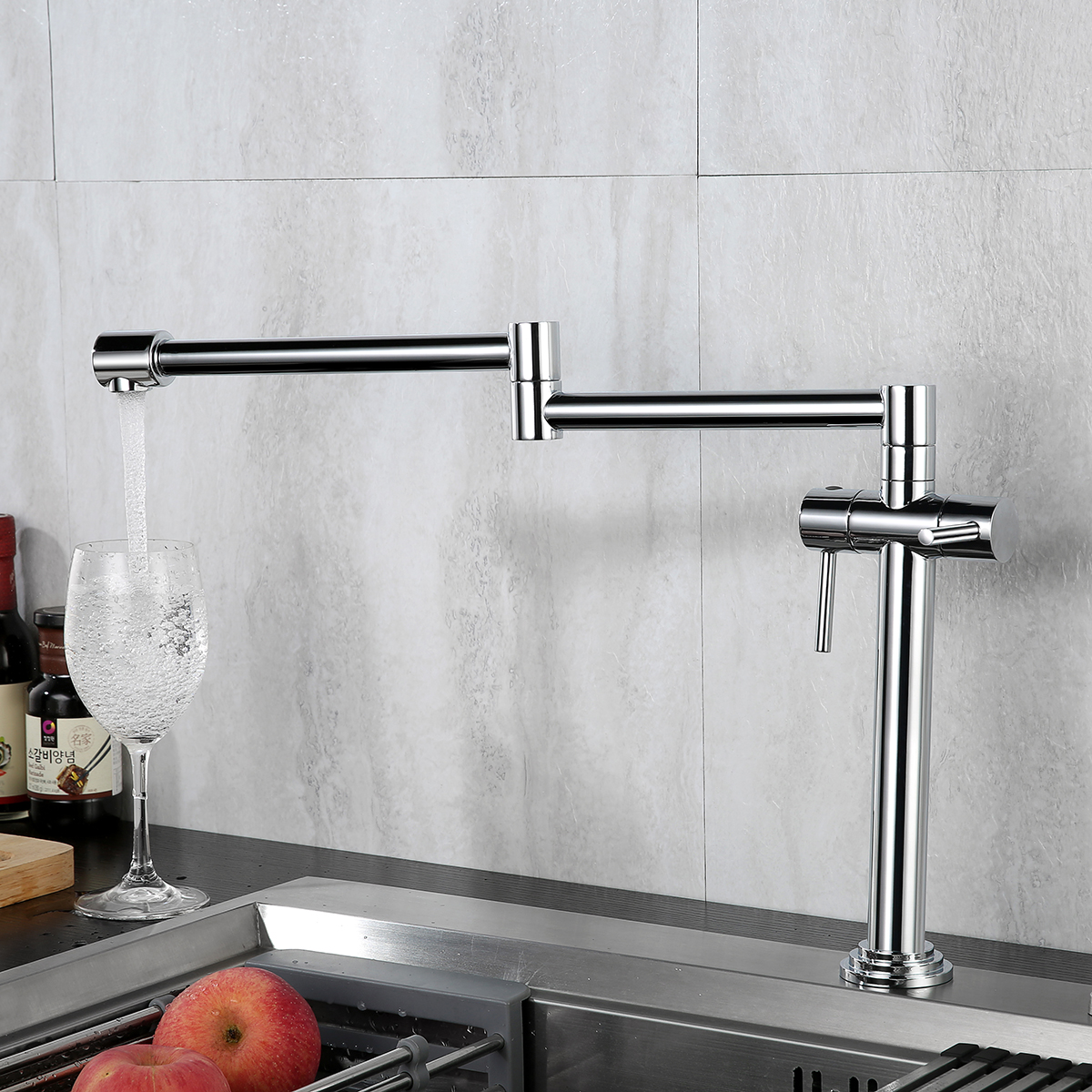 Moderne 16-inch hoge potvuller met 2 handvatten en 360 graden draaibaar in chroom
