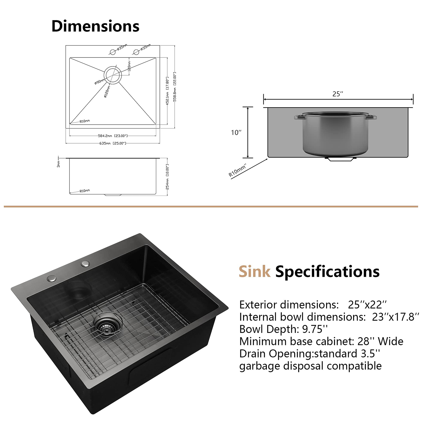 25 inch RVS Single Bowl Topmount Kitchen Sink