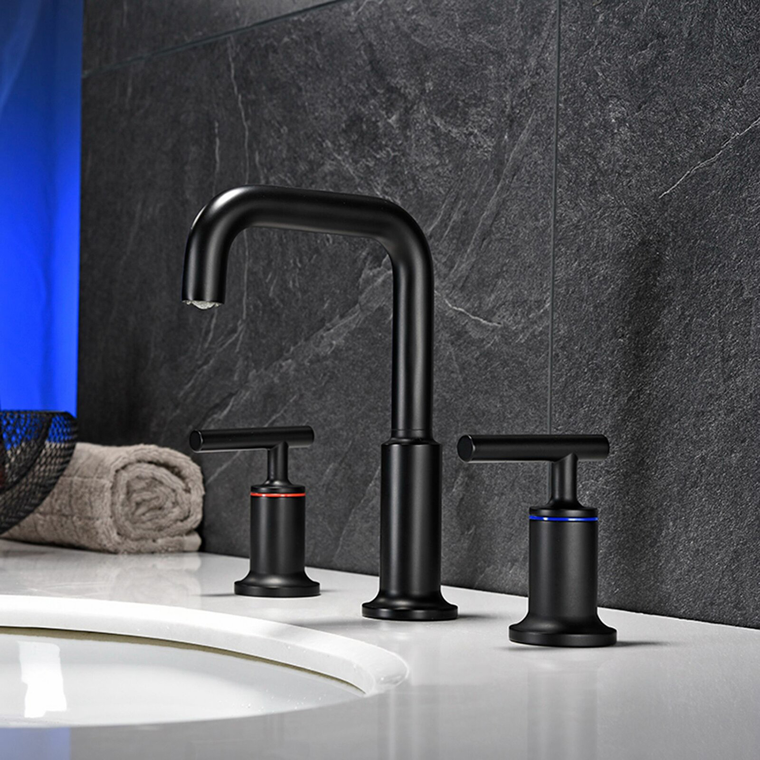 Aquacubic High Arc twee handgrepen wijdverspreide zwarte badkamer wastafel kraan 3 gat met pop-up afvoer